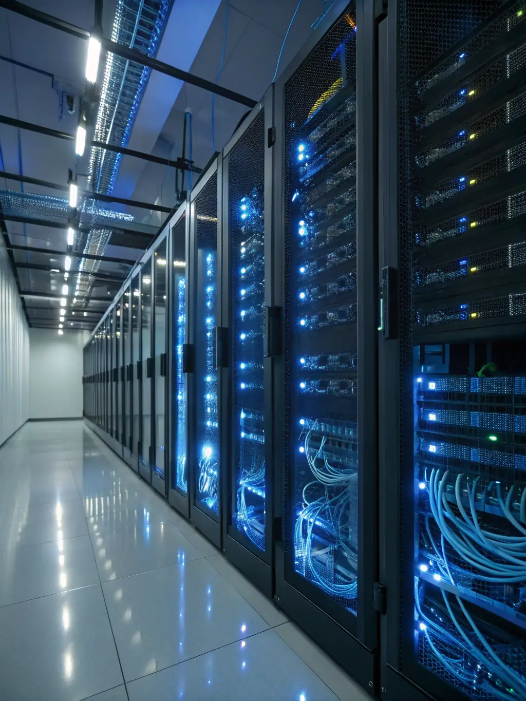 A server rack glowing with activity, representing web hosting, with a focus on uptime and speed, against a backdrop of a modern data center.